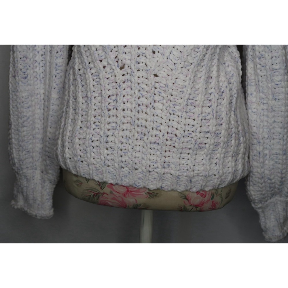 POL SMST289 Chunky Cable Knit Turtleneck Sweater White Speckled Balloon Sleeve M - Picture 4 of 8